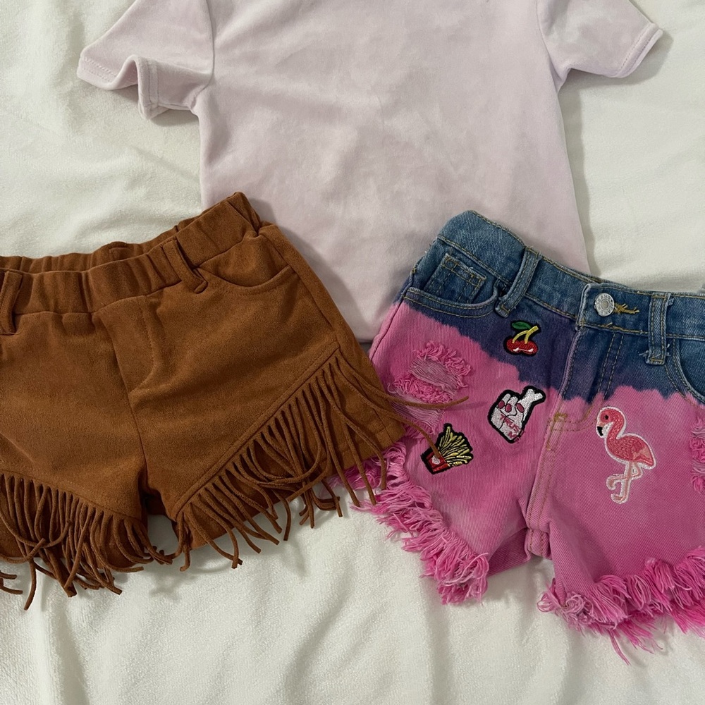 2 a T Boutique Brown Fringe and Pink Denim Kids Shorts